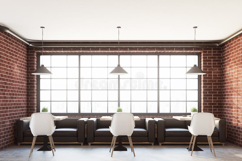Interior do café do tijolo com uma janela panorâmico ilustração stock Interior do café do tijolo com uma janela panorâmico ilustração stock