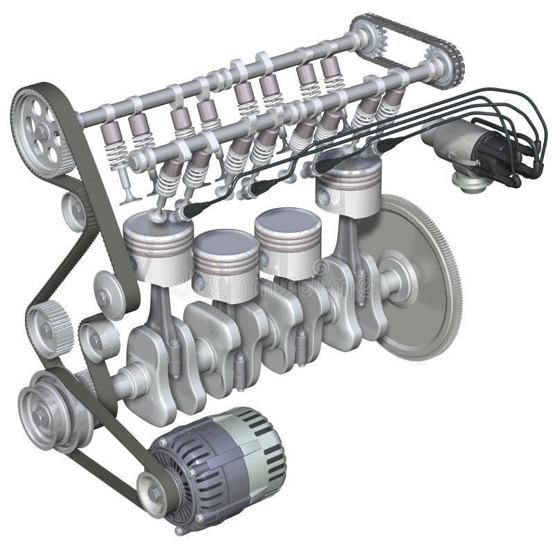 3D illustration of the internal parts of a four stroke petrol engine, isolated on white. Also shown are the distributor and wiring, plus the alternator. 3D illustration of the internal parts of a four stroke petrol engine, isolated on white. Also shown are the distributor and wiring, plus the alternator.