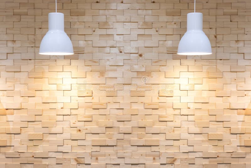 Interior empty wooden wall background with lamps over