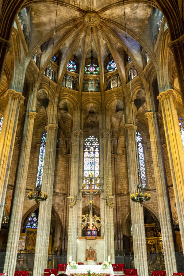 Interior of the famous Cathedral of Barcelona in Spain stock photos