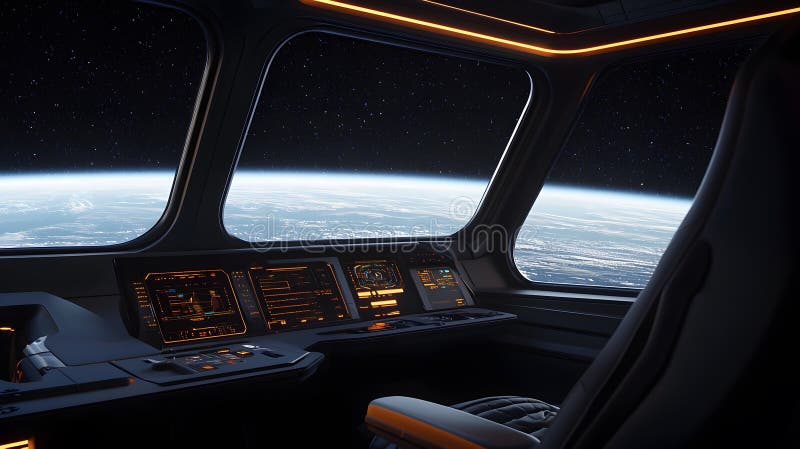 Interior of a Futuristic Spaceship Cabin Featuring Ambient Glowing Light with a Panoramic View of Earth Against a Starry royalty free illustration