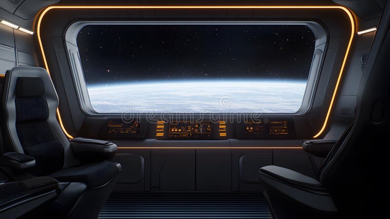 Interior of a futuristic spaceship featuring ambient glowing light, showcasing a view of Earth from a large window in a sleek stock illustration
