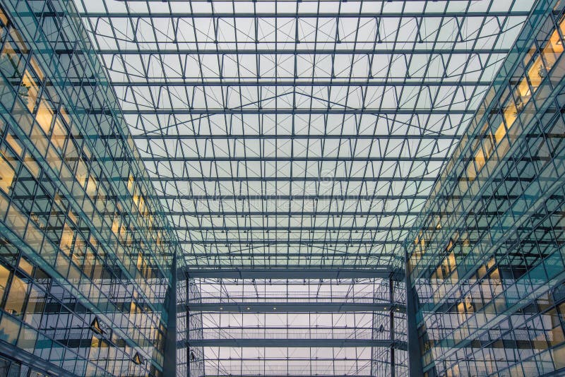 Interior of a glass building stock photo