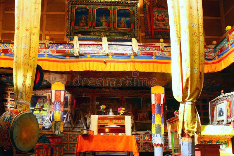 Interior of gompa in Ladakh monastery royalty free stock images