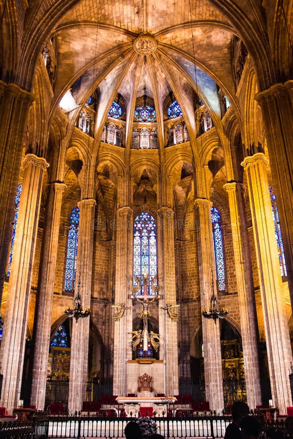 Interior of Gothic Barcelona Cathedral, Spain.