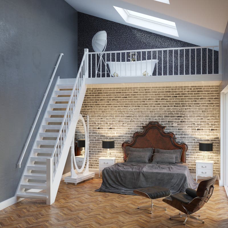 Interior grande del dormitorio con las escaleras y los muebles del vintage foto de archivo Interior grande del dormitorio con las escaleras y los muebles del vintage foto de archivo