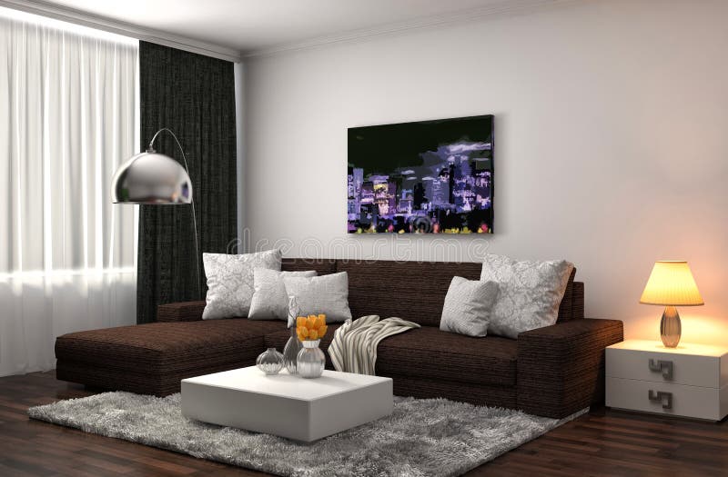 Interior with grey sofa. 3d illustration vector illustration