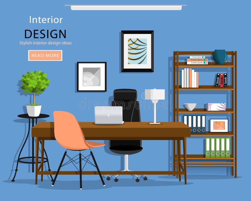 Interior gráfico moderno del sitio de la oficina: escritorio, sillas, estante para libros, ordenador portátil, lámpara Ilustració