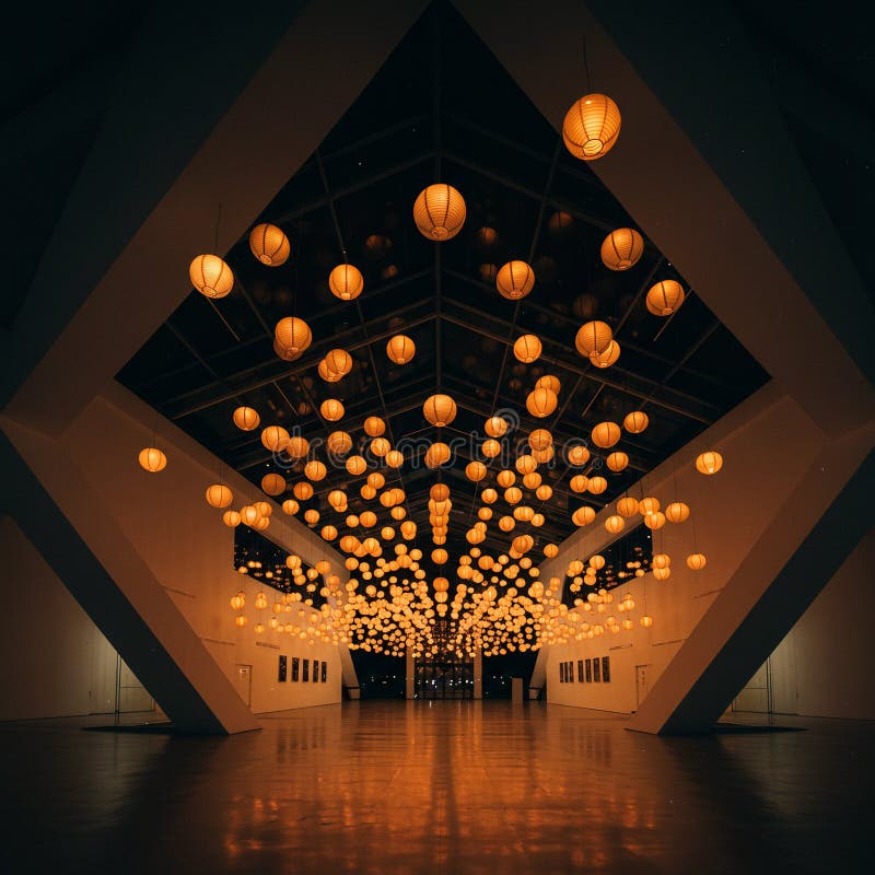 Interior Hanging Lanterns Light Illumination Architecture Depth Mystery Path Copy Space stock illustration