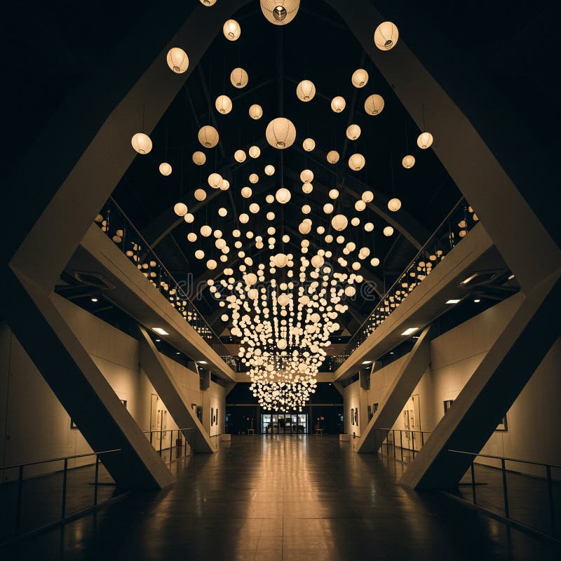 Interior Hanging Lanterns Light Illumination Architecture Depth Mystery Path Copy Space stock illustration