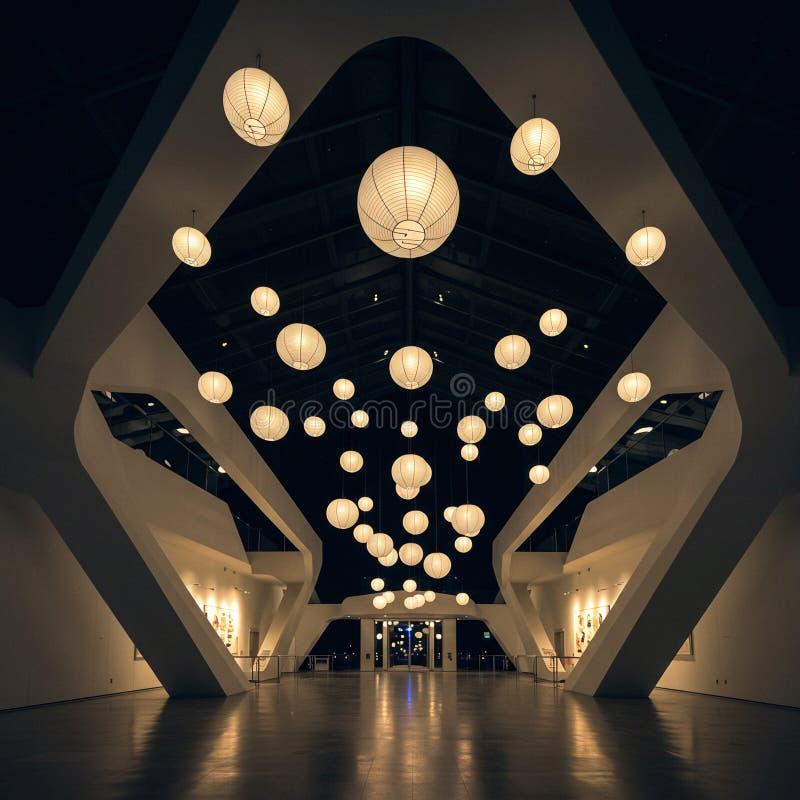 Interior Hanging Lanterns Light Illumination Architecture Depth Mystery Path Copy Space stock illustration