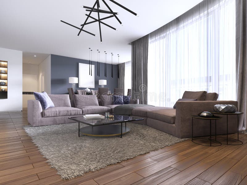 Interior hermoso de la sala de estar con los suelos de parqué y color violeta del sofá grande de la esquina en nuevo hogar de luj stock de ilustración Interior hermoso de la sala de estar con los suelos de parqué y color violeta del sofá grande de la esquina en nuevo hogar de luj stock de ilustración
