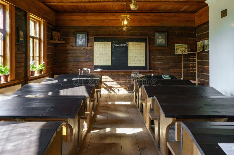 Interior of the historic one-room school in Konstantinovo