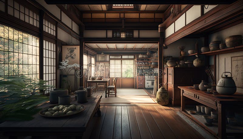 Interior Illustration of a Traditional Japanese House Made of Wood ...