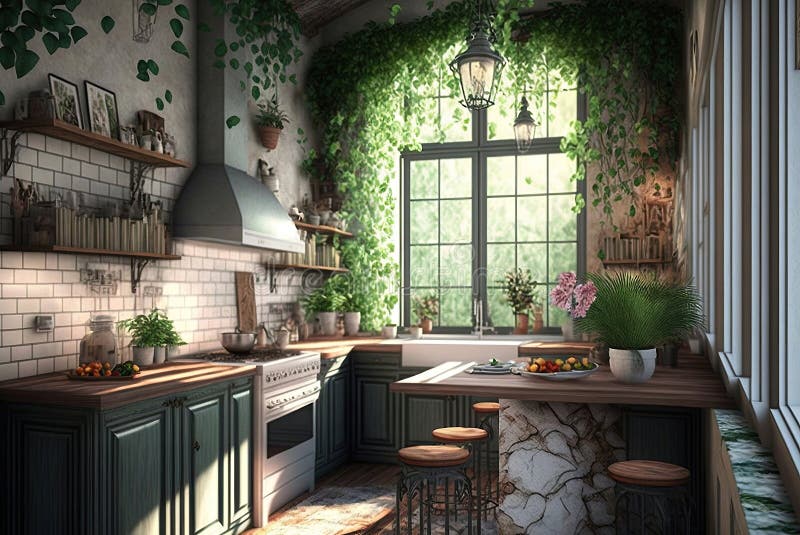 The interior of the kitchen is a lot of green plants. Generative AI, AI generated