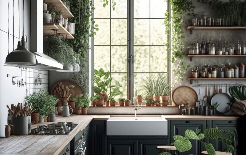 The interior of the kitchen is a lot of green plants. Generative AI, AI generated