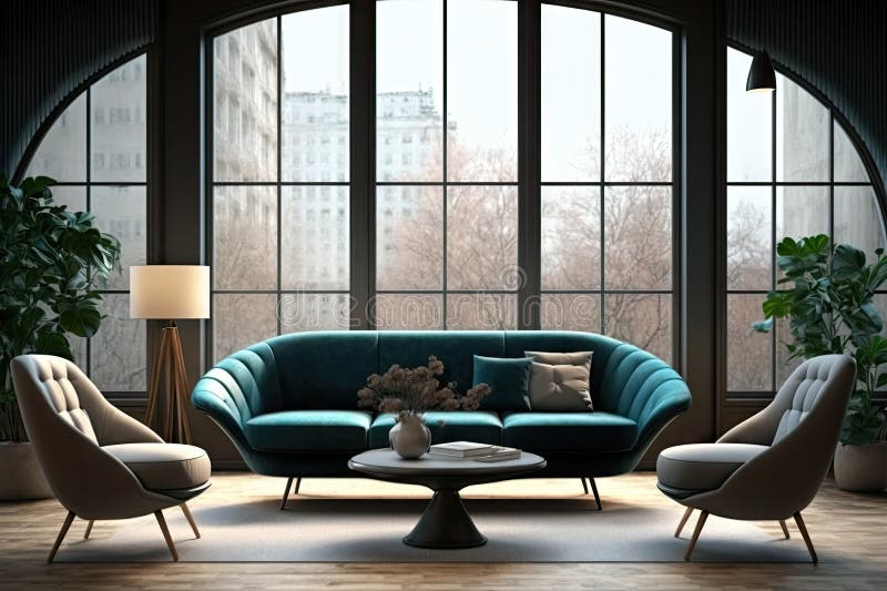 Interior with Large Panoramic Windows with Sofa, Coffee Table and