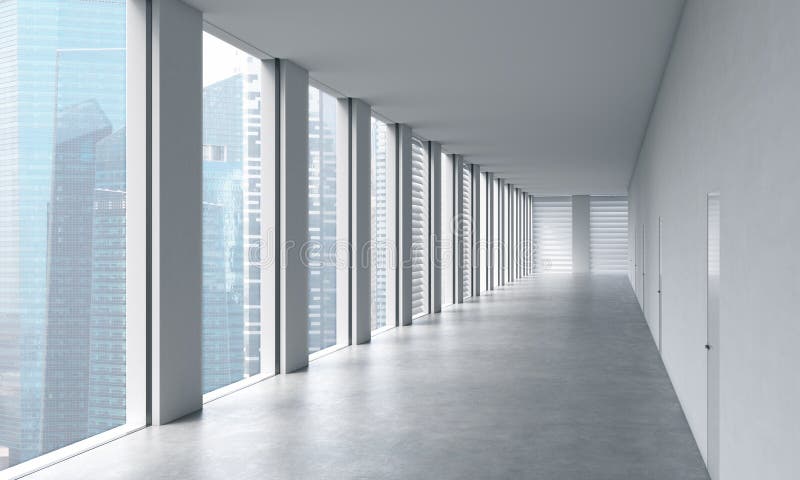 Interior limpio brillante moderno vacío de una oficina del espacio abierto Ventanas panorámicas enormes con la opinión de Singapu ilustración del vector Interior limpio brillante moderno vacío de una oficina del espacio abierto Ventanas panorámicas enormes con la opinión de Singapu ilustración del vector