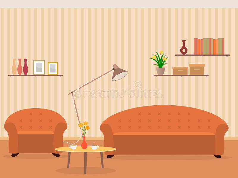 Interior of living room design in flat style with furniture, armchair, sofa, lamp, bookshelf and flowers on a table. stock illustration Interior of living room design in flat style with furniture, armchair, sofa, lamp, bookshelf and flowers on a table. stock illustration