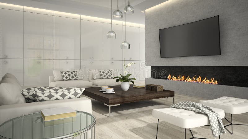 Interior of living room with stylish fireplace 3D rendering 2