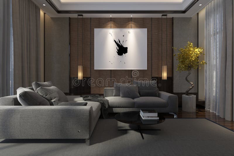 Cozy luxury living room interior at night with comfortable lounge suite, drawn drapes and artwork illuminated by down lights, 3d render. Cozy luxury living room interior at night with comfortable lounge suite, drawn drapes and artwork illuminated by down lights, 3d render