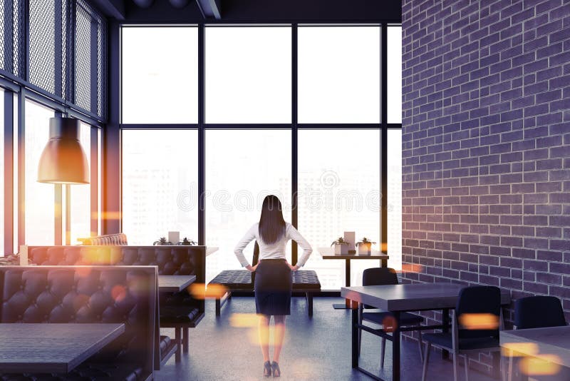 Luxury brick restaurant interior, businesswoman stock images Luxury brick restaurant interior, businesswoman stock images