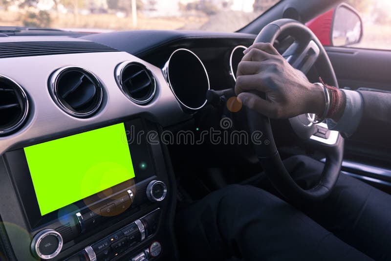Interior of a Luxury Car with Black Leather Finish, with a Green Screen