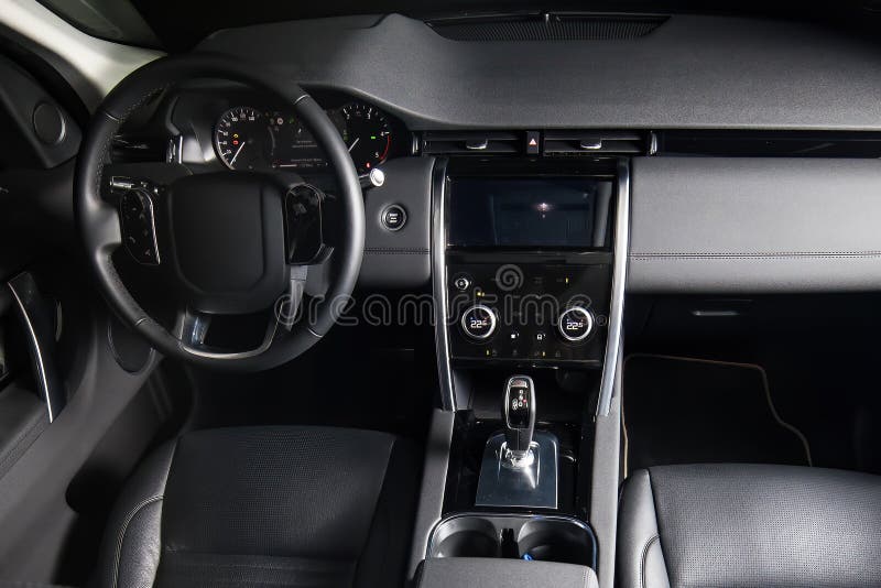 Interior of Luxury Suv Car with Black Leather Steering Wheel and