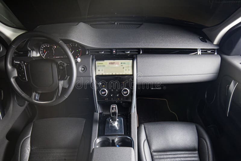 Interior of Luxury Suv Car with Black Leather Steering Wheel and