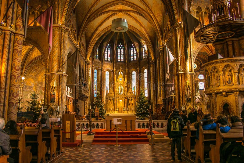 Interior of Matthias Church in Buda`s Castle District at christmas time, Budapest