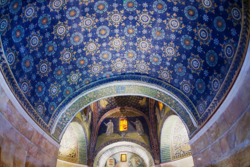 Interior of the Mausoleum of Galla Placidia, chapel embellished with colorful mosaics in Ravenna, Italy. royalty free stock photo Interior of the Mausoleum of Galla Placidia, chapel embellished with colorful mosaics in Ravenna, Italy. royalty free stock photo