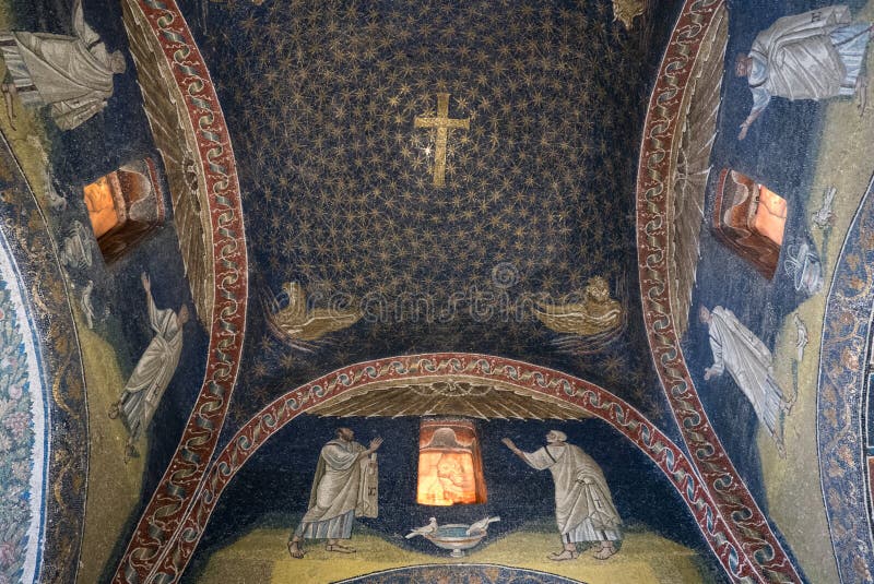 Interior of Mausoleum of Galla Placidia, a chapel embellished with colorful mosaics in Ravenna. It was designated as Unesco World Heritage. Italy