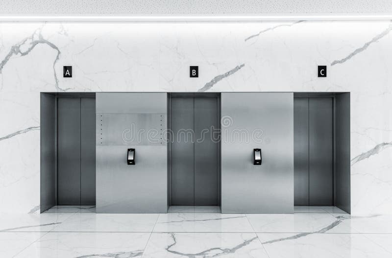 Interior minimalista moderno da entrada com as três portas de aço do elevador
