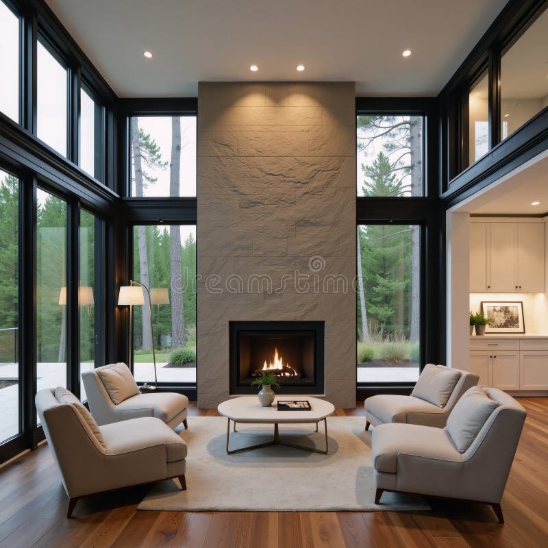 Interior modern al casei cu pădure din apropiere cu un șemineu confortabil 3d stock illustration