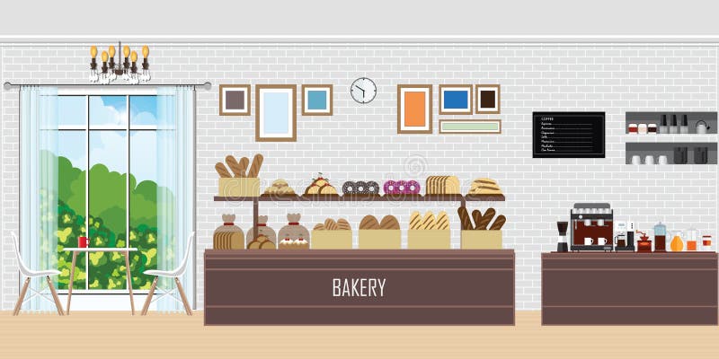 Interior of modern bakery shop with display counter vector illustration
