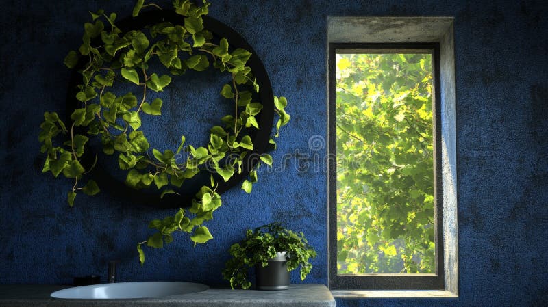 The interior of this modern bathroom boasts a backlit circular mirror and concrete sink fotografia stock