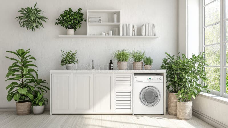 The interior of this modern bathroom includes a white electric water heater and plants fotografie stock