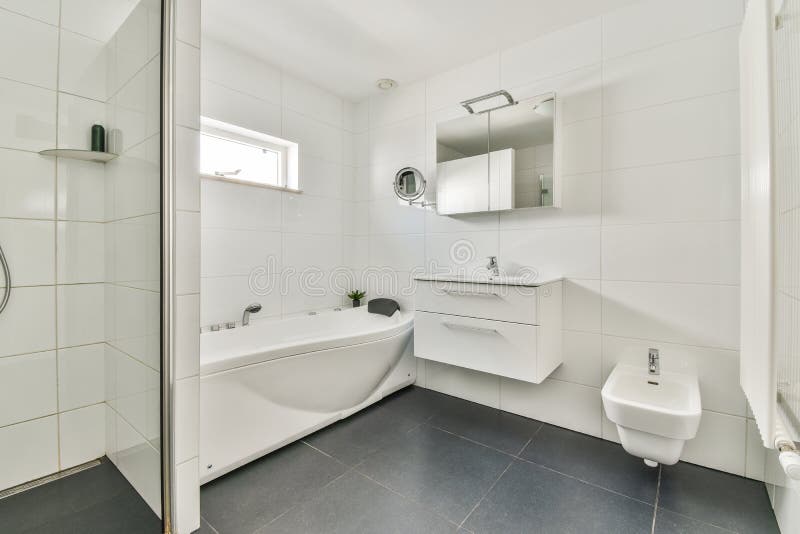 Bathroom with White Tiled Walls Stock Photo Image of cabin