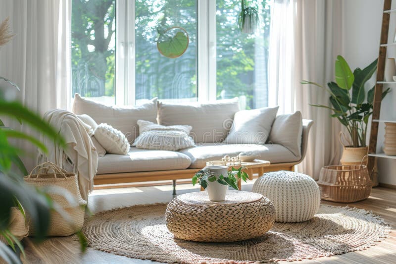 Interior of modern cozy living room in Scandi style. Stylish sofa with pillows, braided rug on the floor, wicker