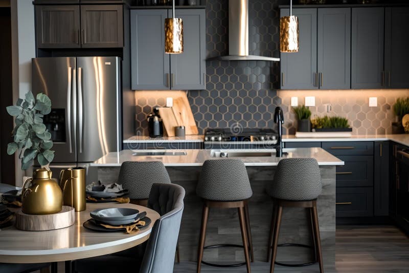 Interior of Modern Kitchen with Black and White Furniture and Dining
