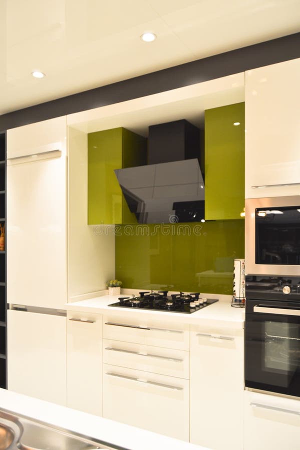 Interior of Modern Kitchen Equipment and Lacquer Stock Image