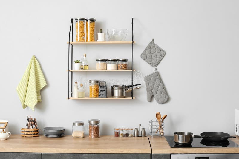 Interior of Modern Kitchen with Shelves Stock Image Image of cook