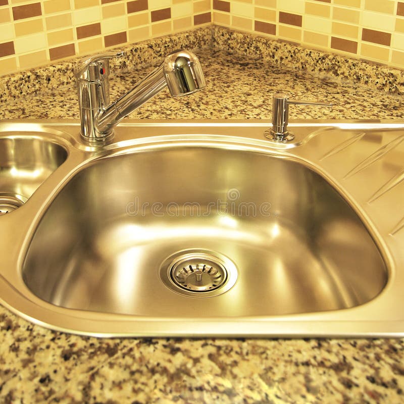 Interior of Modern Kitchen and Stainless Steel Sink, Tap and Drain