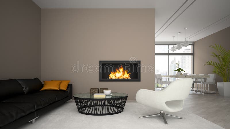 Interior of modern loft with fireplace and black sofa 3D render