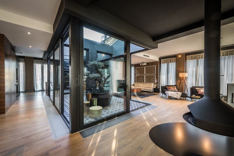 Interior of modern luxury penthouse apartment stock photos