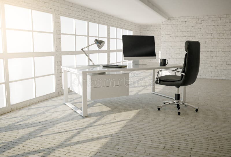 Interior of modern office with brick walls, wooden floor and lar