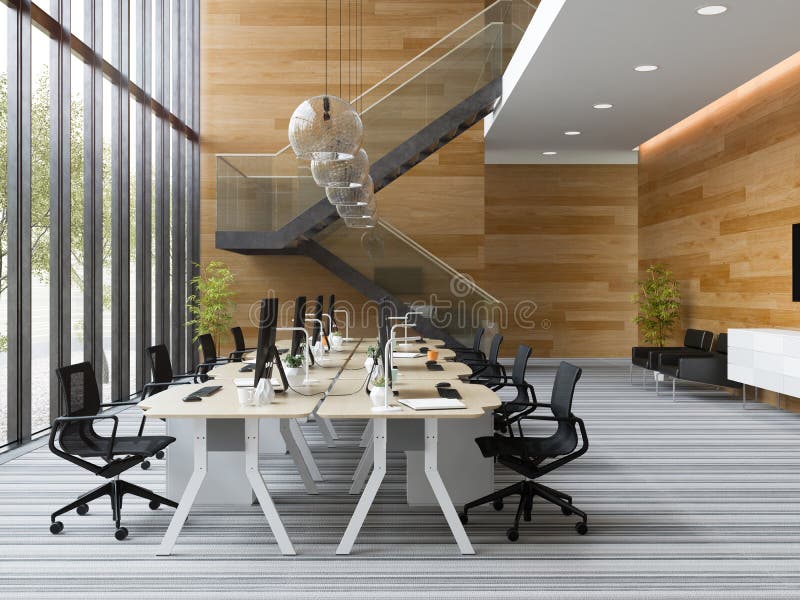 Interior modern open space office 3D illustration stock illustration