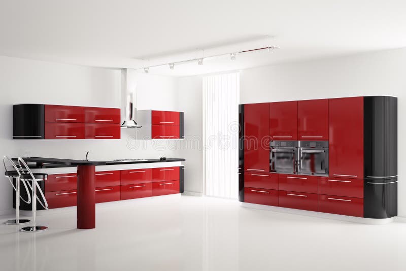 Interior of Modern Red Black Kitchen 3d Stock Illustration