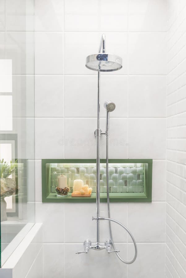 Interior of Modern Shower Head in Bathroom at Home.Modern Design Stock