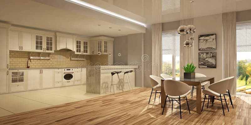 Interior moderno da casa na rendição escandinava do estilo 3d imagens de stock Interior moderno da casa na rendição escandinava do estilo 3d imagens de stock